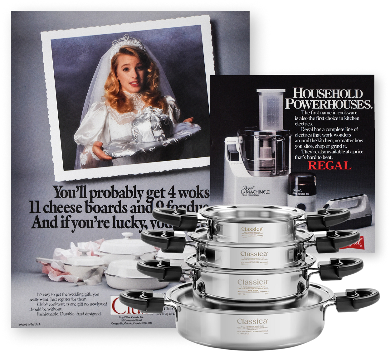 Marketing catalogs from the 1990s featuring Regal Ware Classica cookware, a multi-layer stainless steel line.